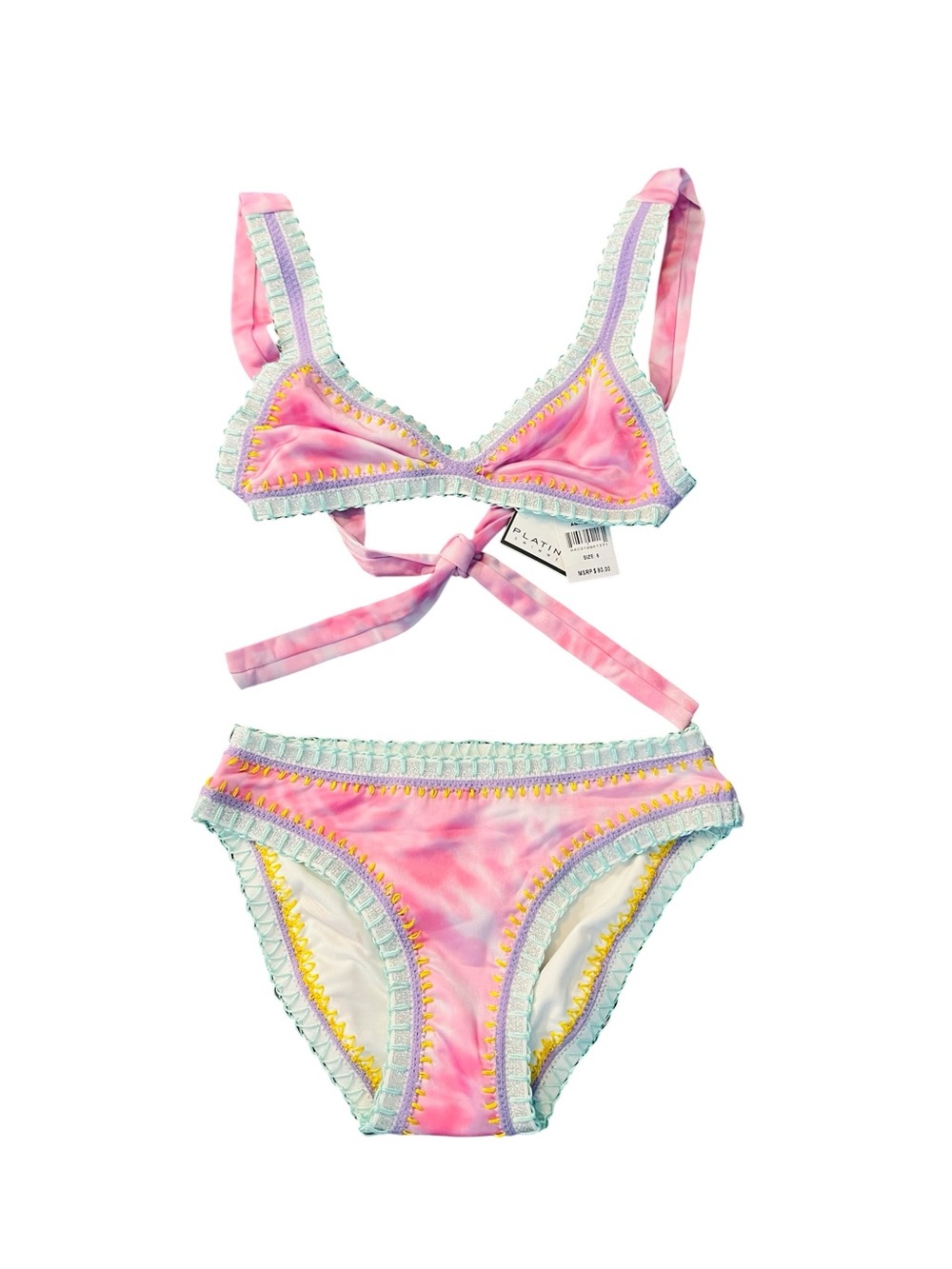 Platinum Swimwear Kids Pink Tie-Dye Bikini Set with Mint Trim Size 8 NWT